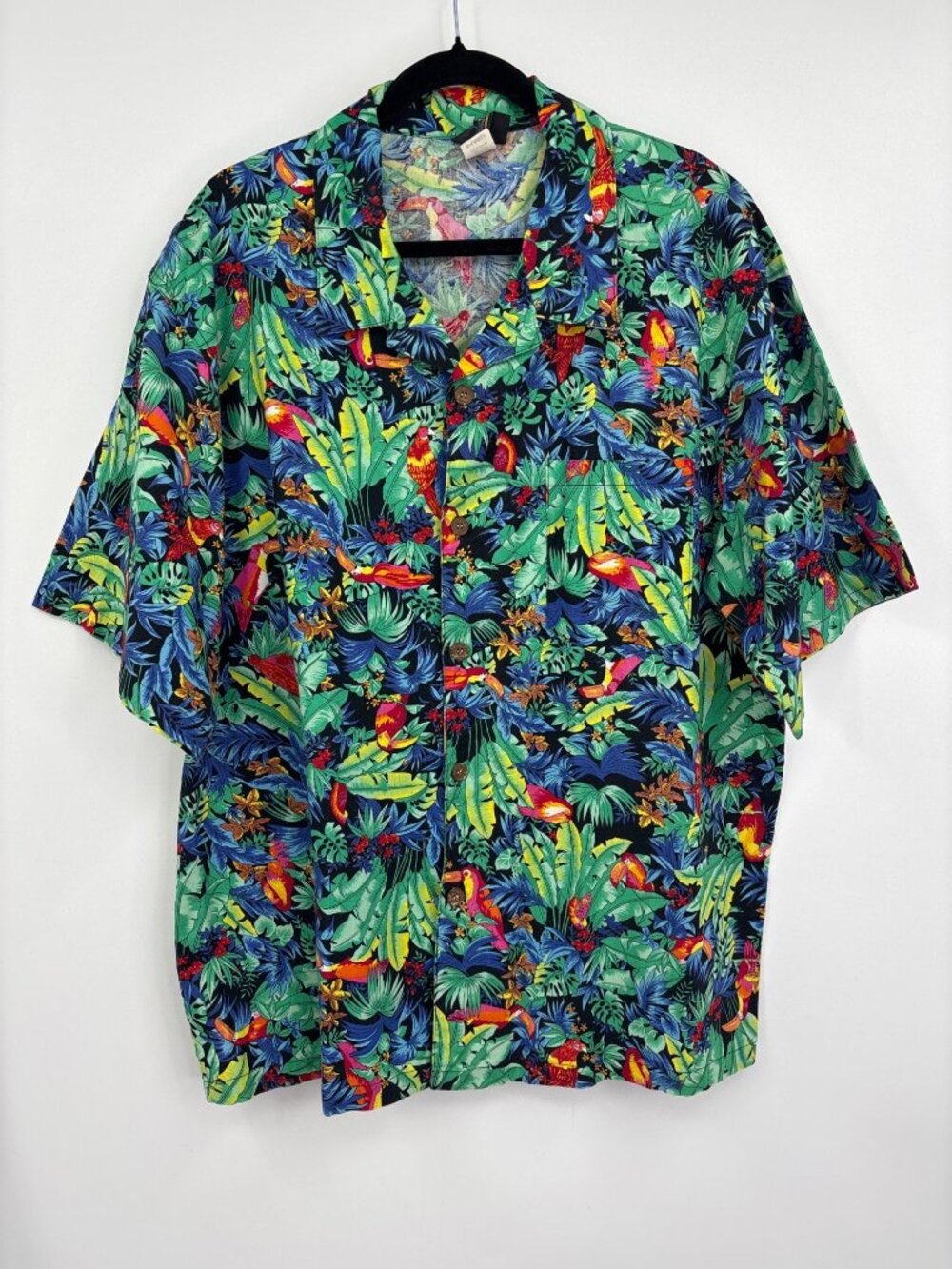 Toucan Dance Vintage Mens Hawaiian Tropical Bird Print Button Cotton Shirt XL
